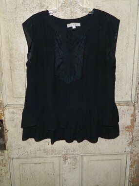 LOFT Black Ruffled Tie Front Blouse Sz L (WW-21)